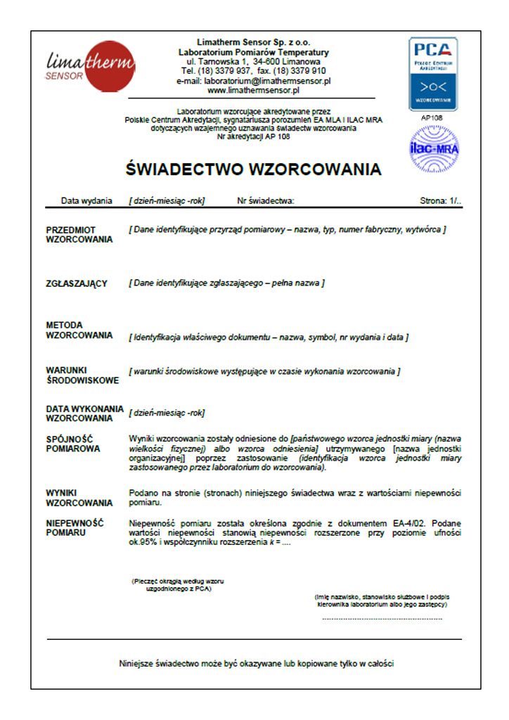 świadectwo wzorcowania